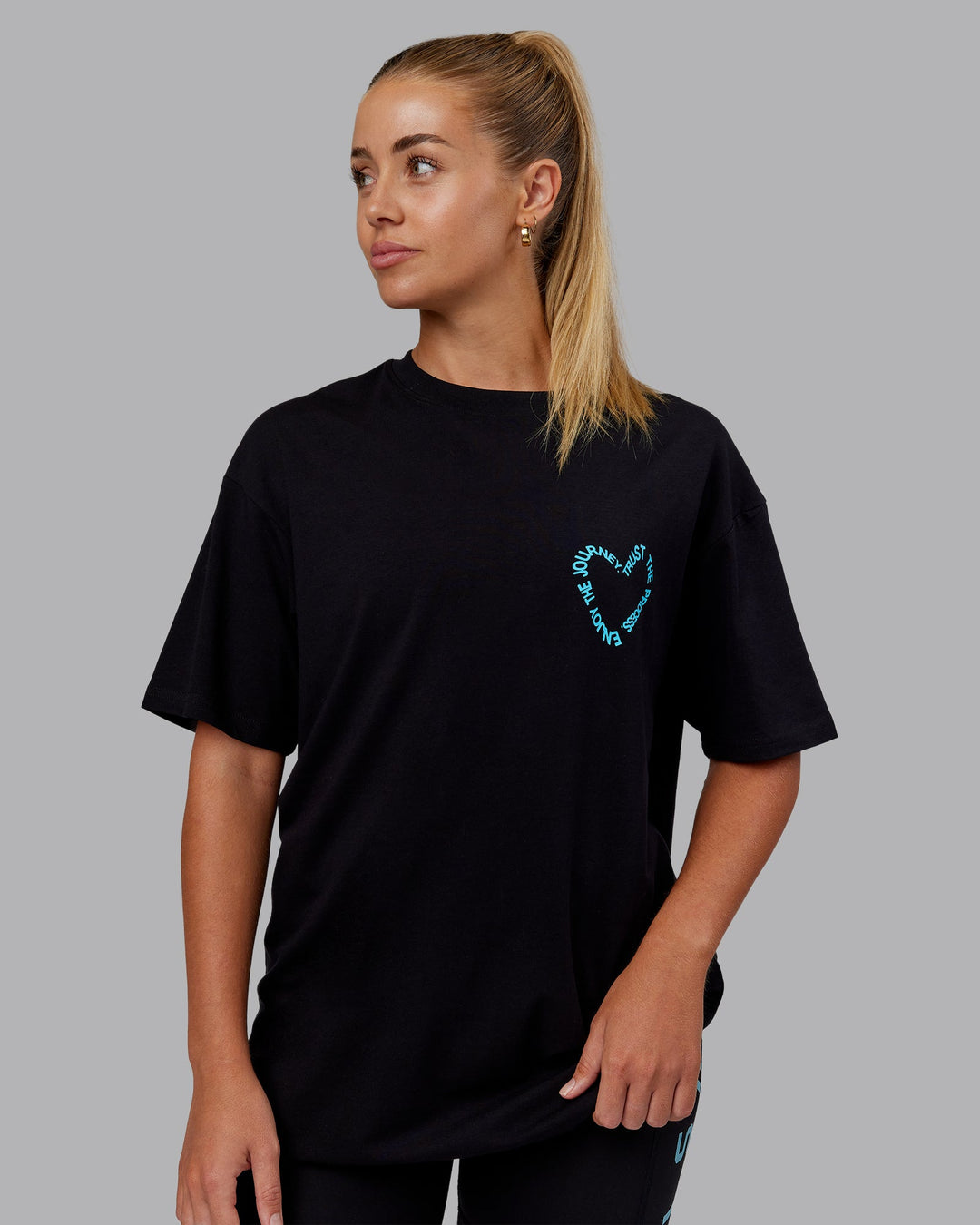 Woman wearing Love The Process FLXCotton Oversize Tee - Black-Blue Atoll | Model:Hannah | Size:XS