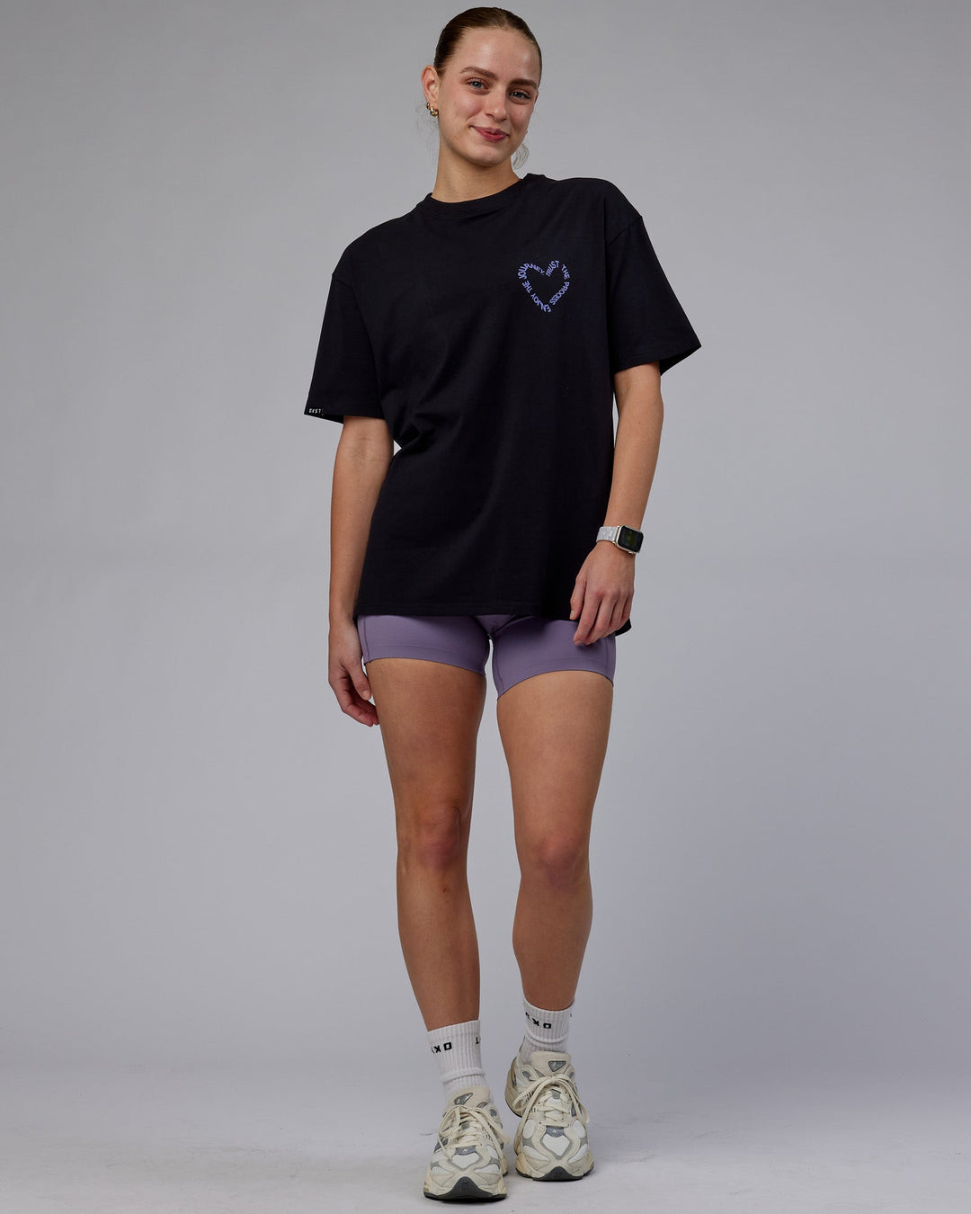 Woman wearing Unisex Love The Process FLXCotton Tee Oversize - Black-Dahlia Purple