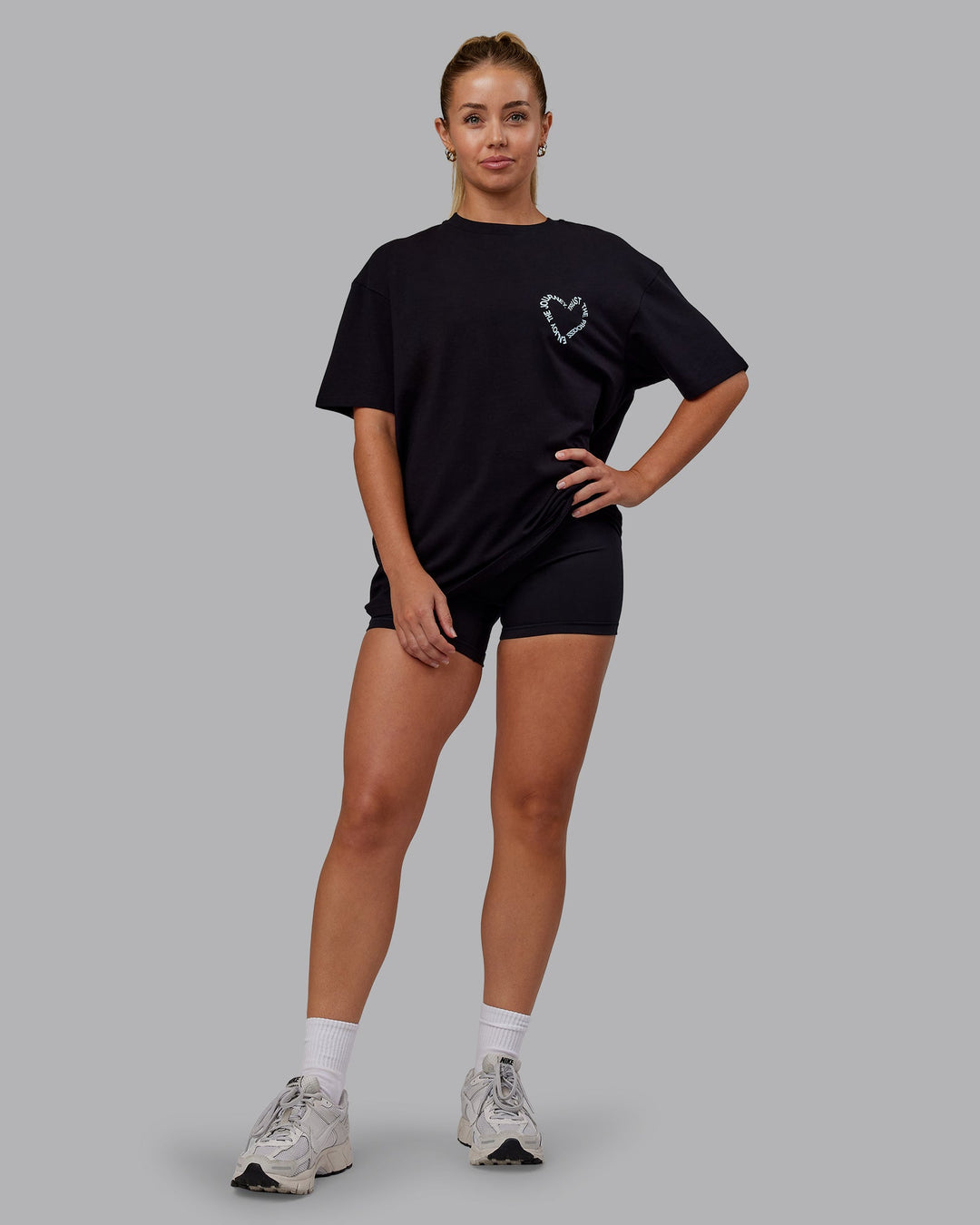 Woman wearing Love The Process FLXCotton Oversize Tee - Black-Skyride | Size:XS | Model:Hannah