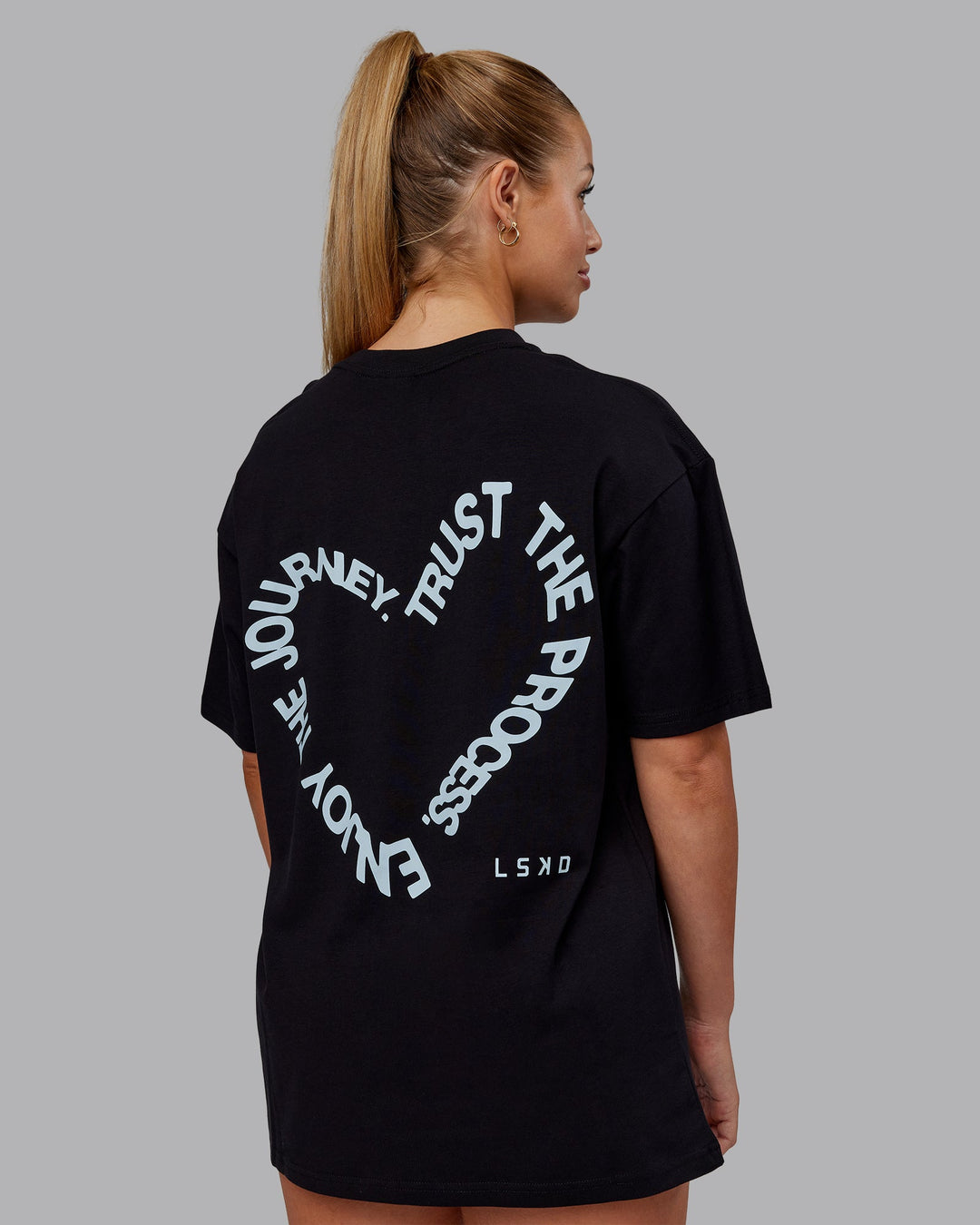 Woman wearing Love The Process FLXCotton Oversize Tee - Black-Skyride | Size:XS | Model:Hannah