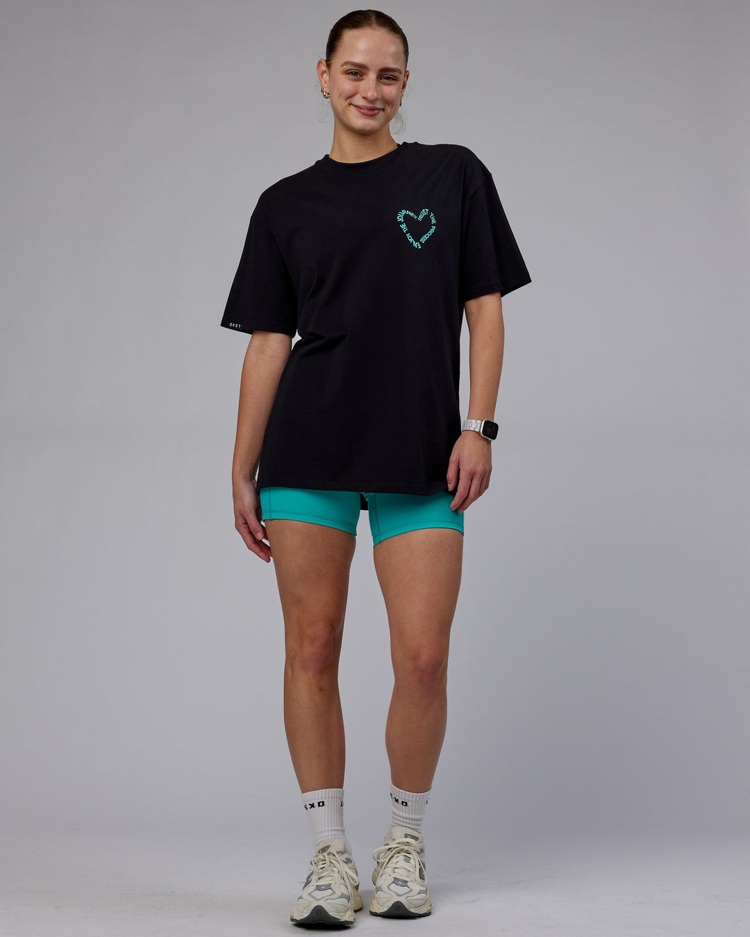 Woman wearing Unisex Love The Process FLXCotton Tee Oversize - Black-Turquoise Tide