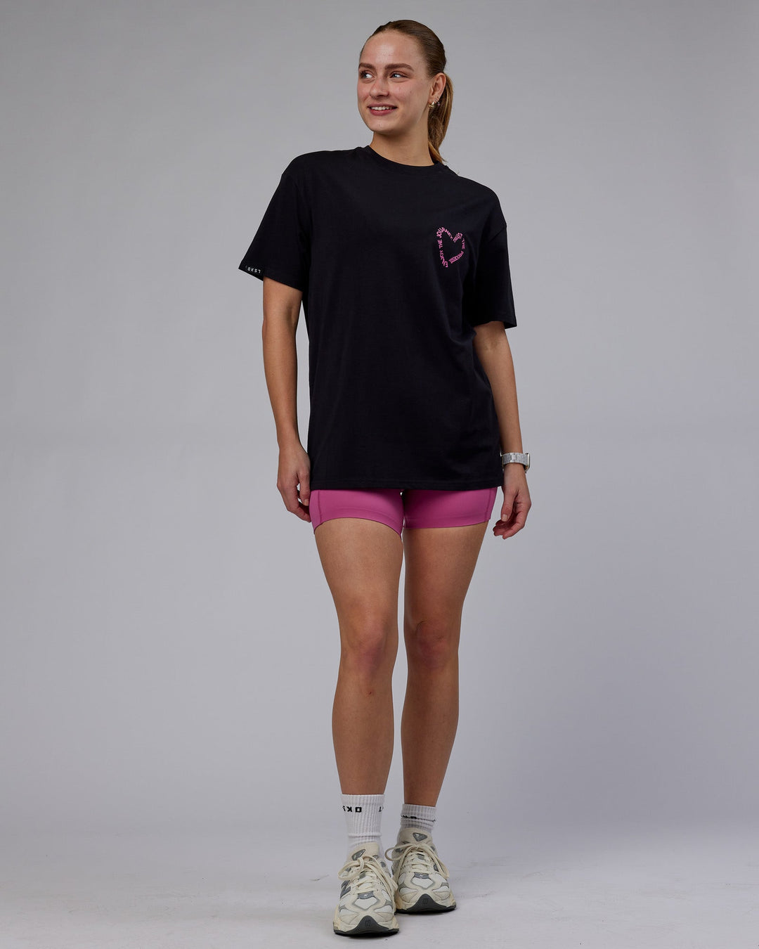 WOman wearing Unisex Love The Process FLXCotton Tee Oversize - Black-Mauve Haze