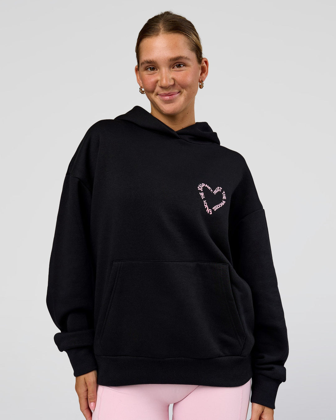 Woman wearing Unisex Love The Process Oversize Hoodie - Black-Marshmallow | Model:Amity | Size:XS