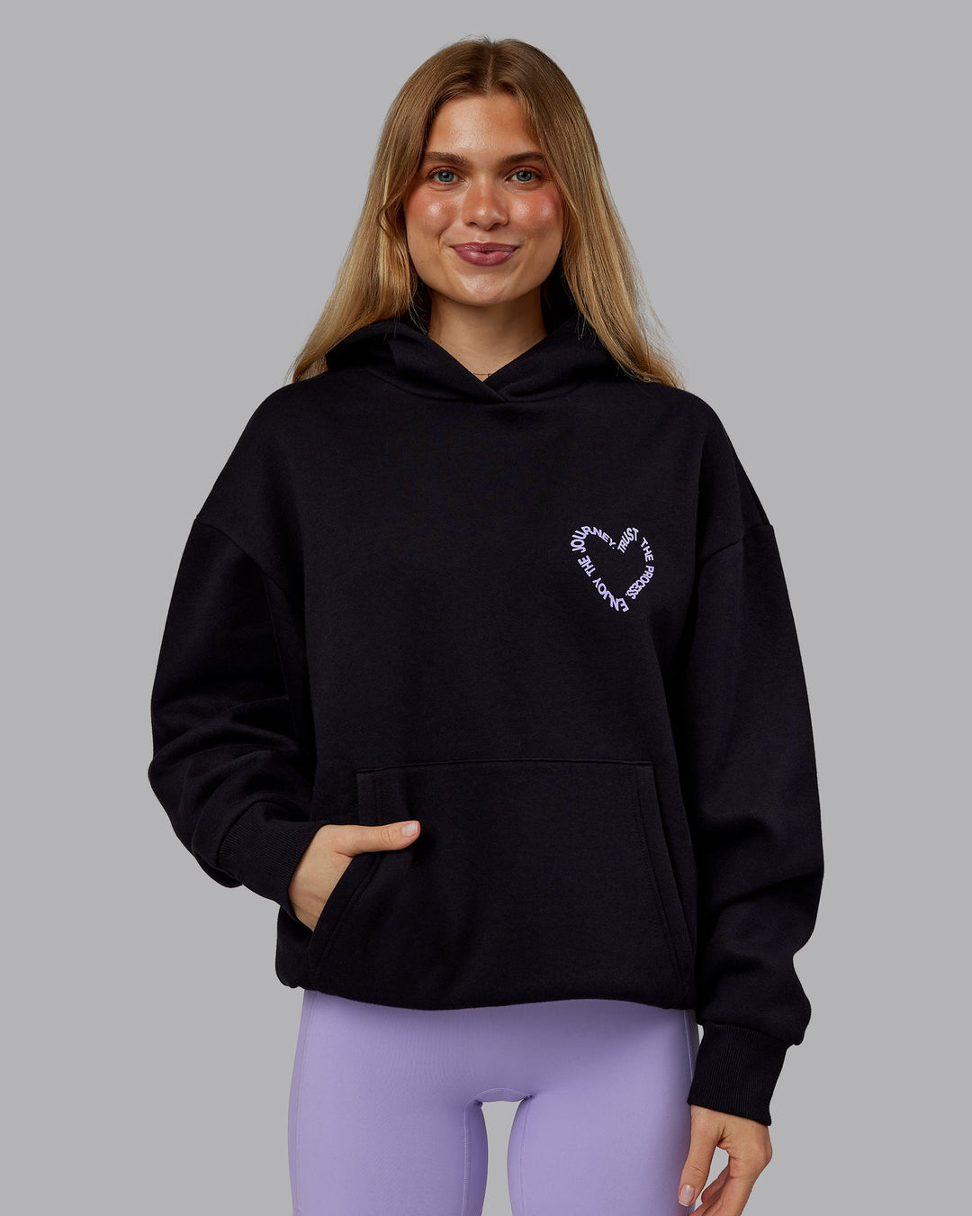 Woman wearing Unisex Love The Process Oversize Hoodie - Black-Violet Ray | Model:Emilie | Size:XS