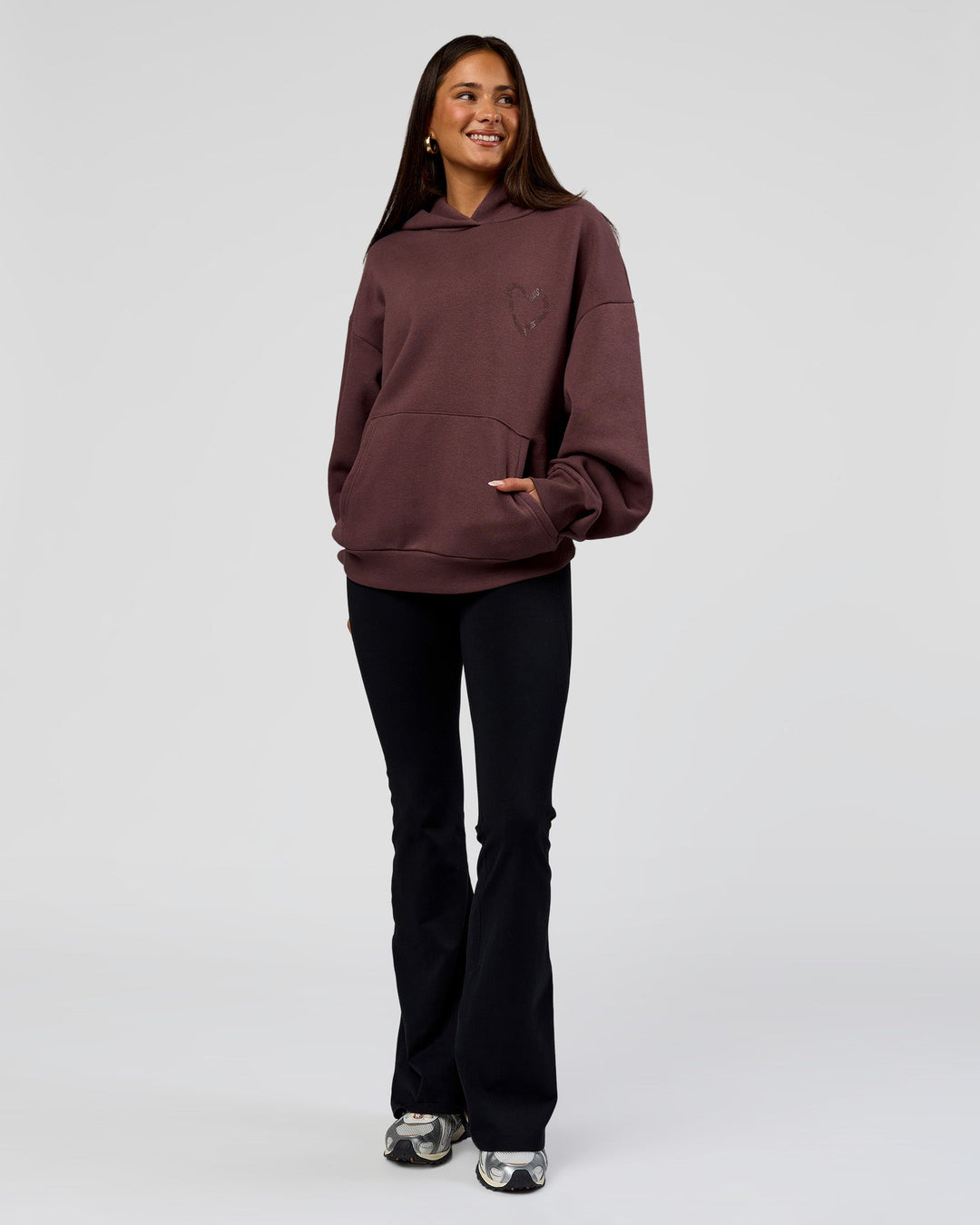 Woman wearing Unisex Love The Process Oversize Hoodie - Cocoa Powder-Hot Chocolate | Model:Bianca | Size:XS