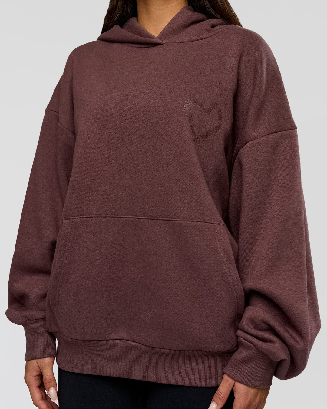 Woman wearing Unisex Love The Process Oversize Hoodie - Cocoa Powder-Hot Chocolate | Model:Bianca | Size:XS