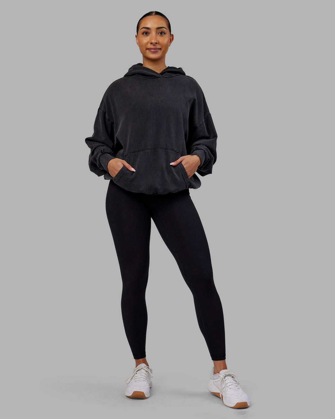 Woman wearing Variation Washed Oversized Hoodie - Black-Black | Model:Ayla | Size:XS