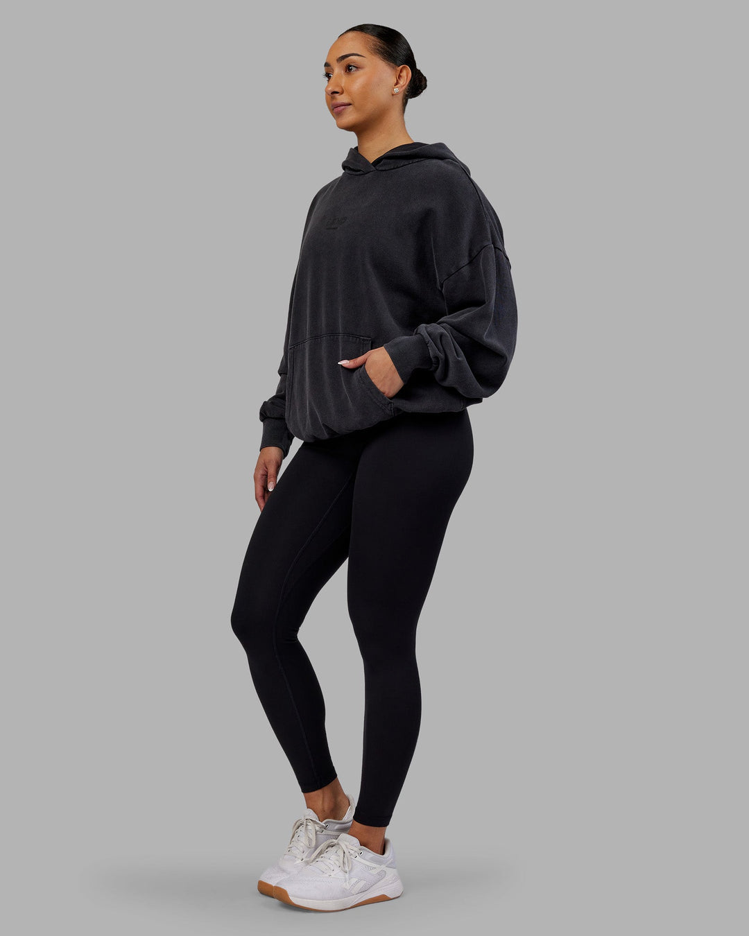 Woman wearing Variation Washed Oversized Hoodie - Black-Black | Model:Ayla | Size:XS