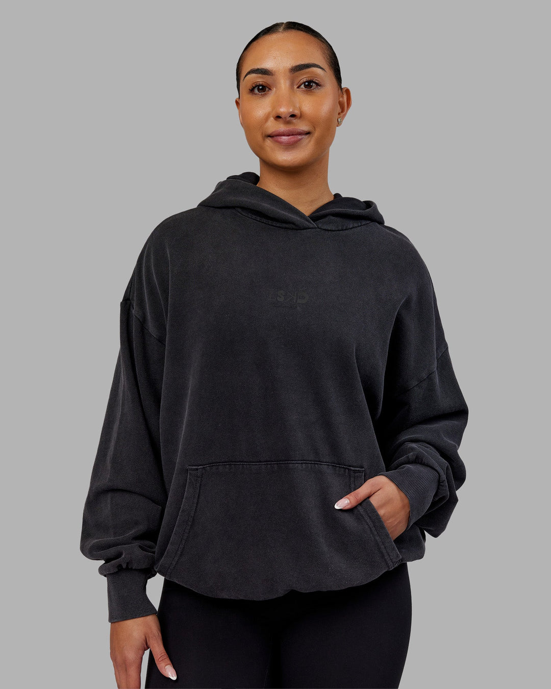 Woman wearing Variation Washed Oversized Hoodie - Black-Black | Model:Ayla | Size:XS