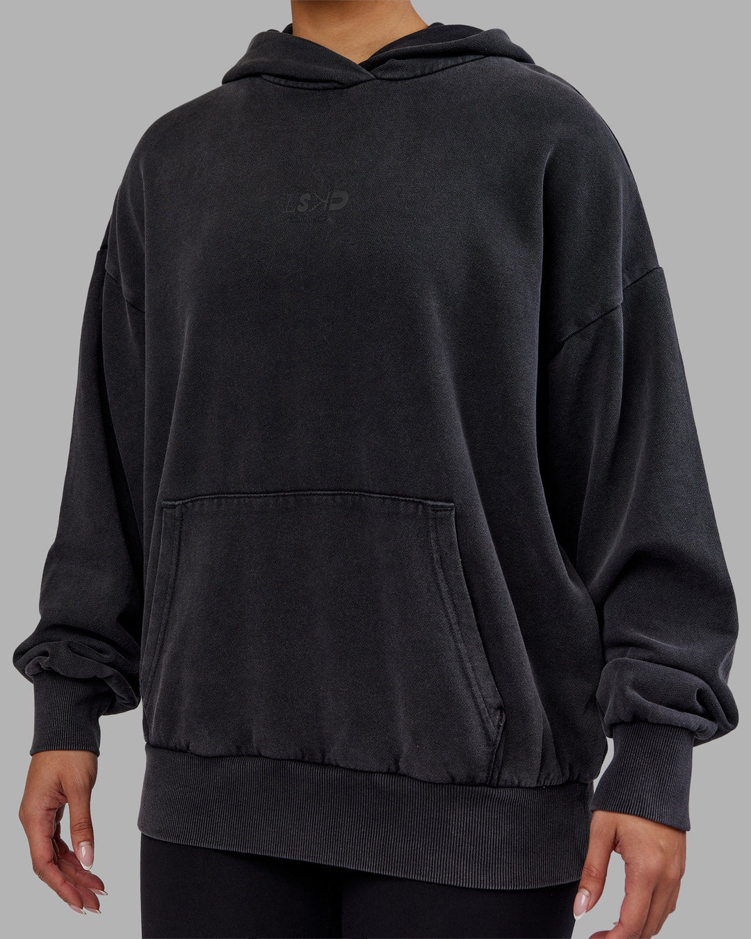 Woman wearing Variation Washed Oversized Hoodie - Black-Black | Model:Ayla | Size:XS