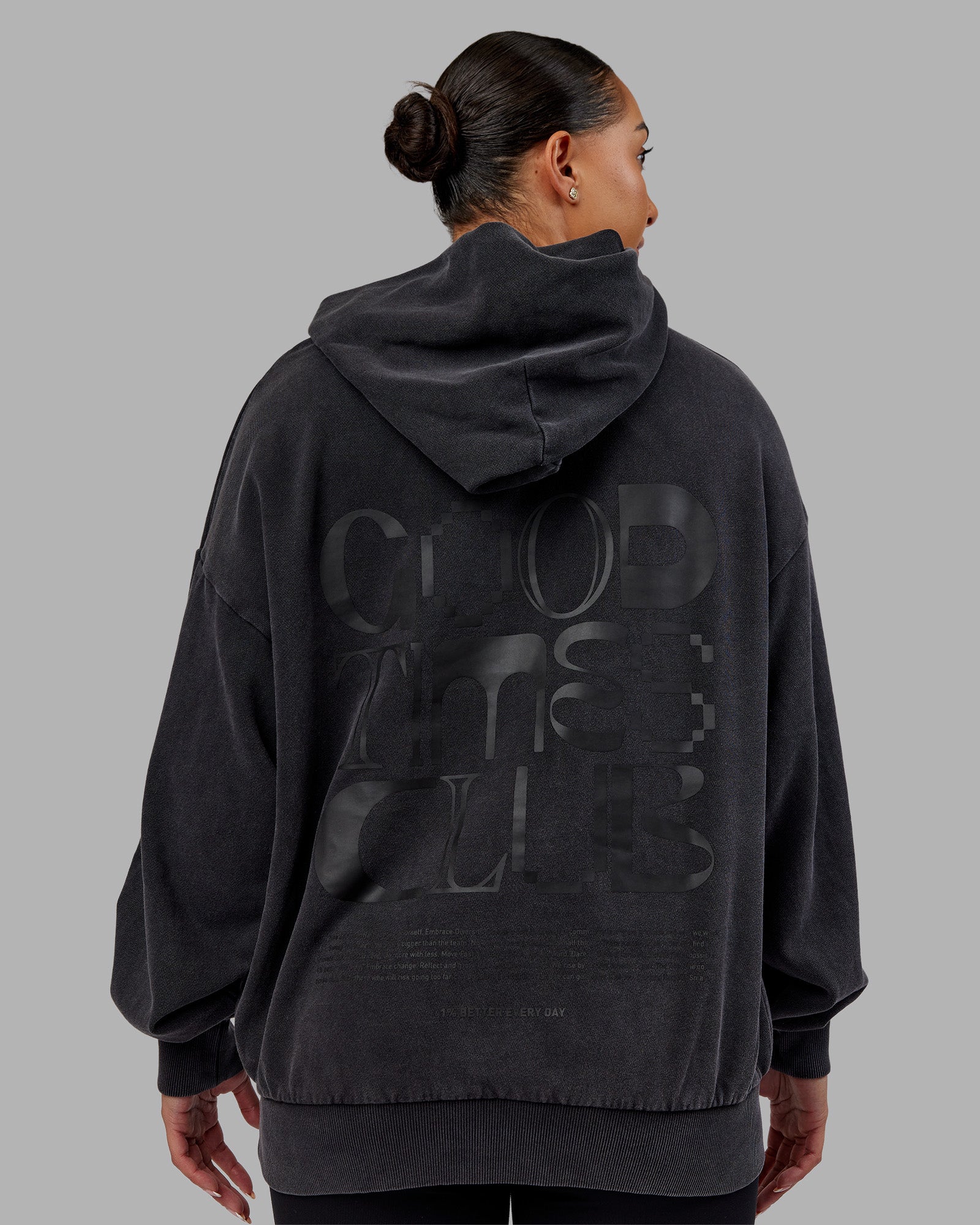 Woman wearing Variation Washed Oversized Hoodie - Black-Black | Model:Ayla | Size:XS