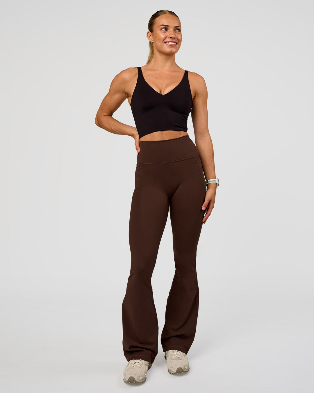 Woman wearing Vitality Long Line Sports Bra - Black | Model:Maja | Size:XS - view 4