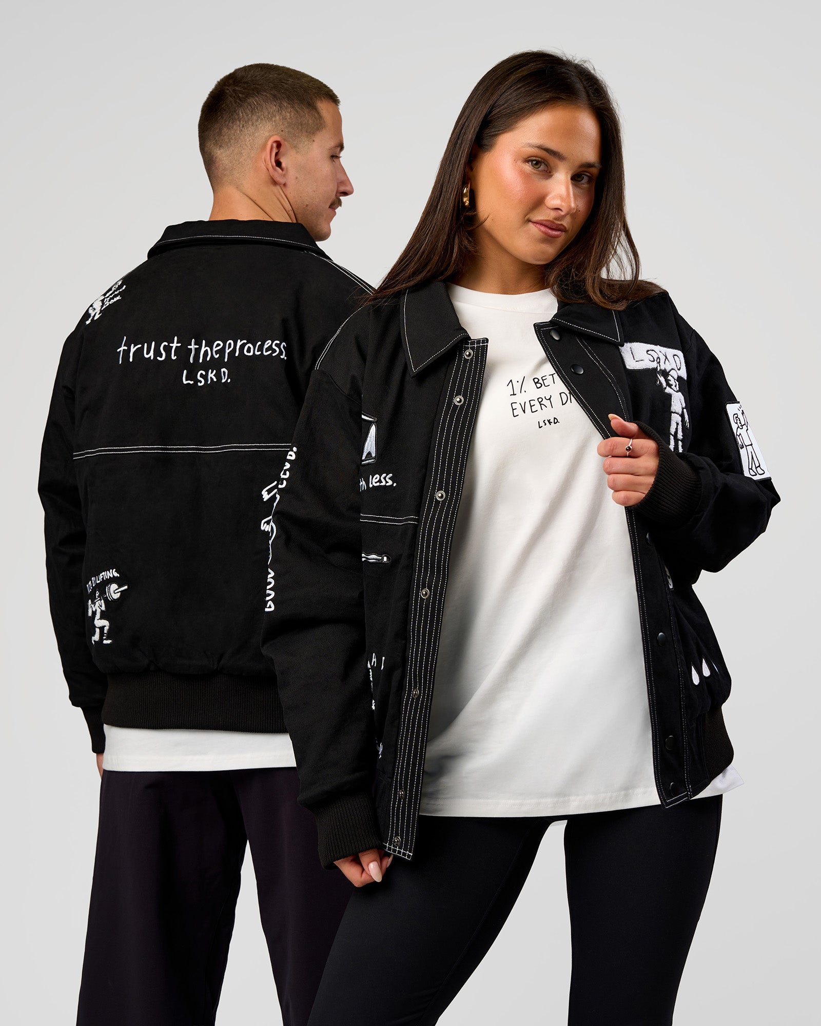 Duo wearing Andrew J. Steel x LSKD Bomber Jacket - Black | Model:Jaiden | Size:L | Model:Bianca | Size:S