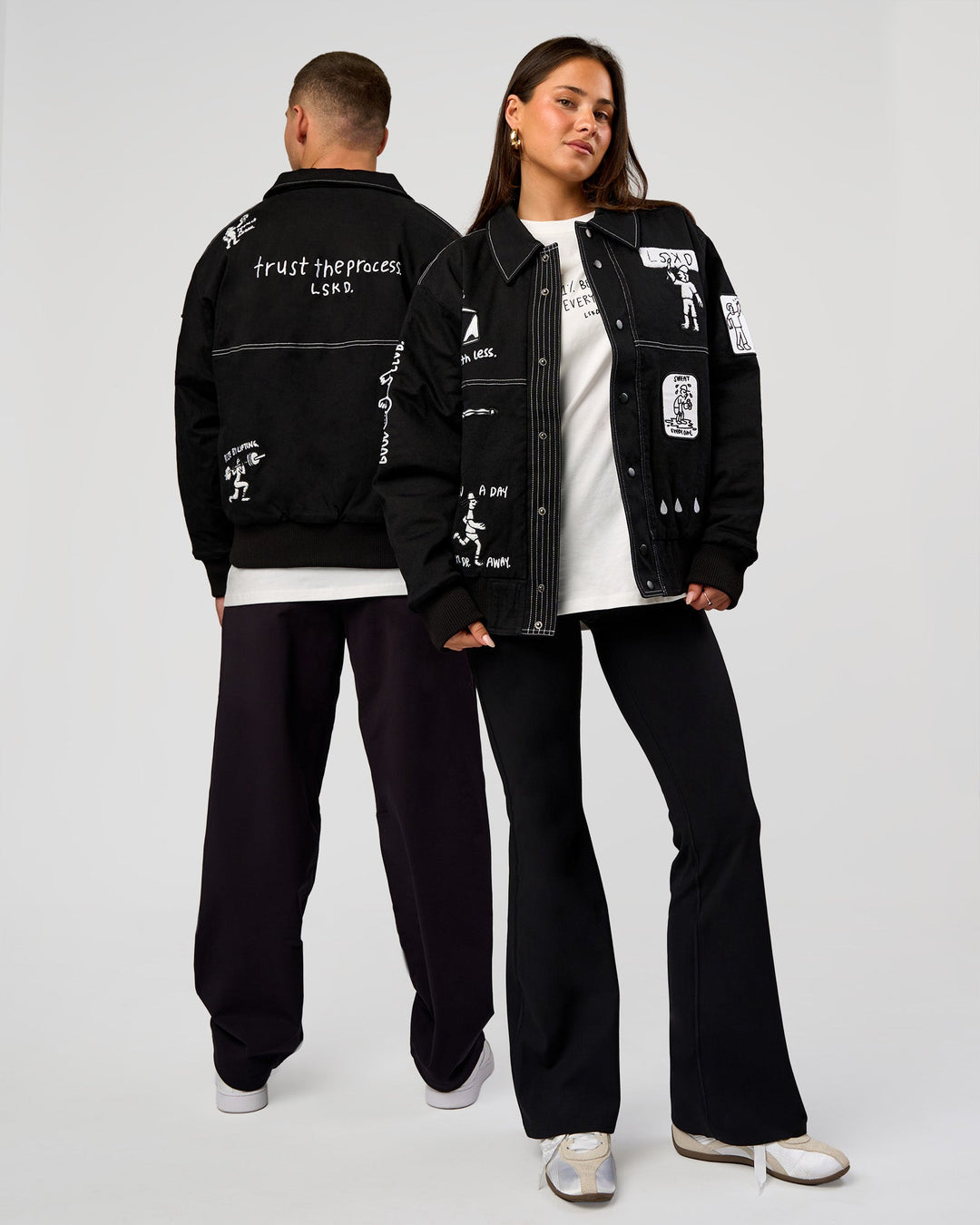Duo wearing Andrew J. Steel x LSKD Bomber Jacket - Black | Model:Jaiden | Size:L | Model:Bianca | Size:S - view 4
