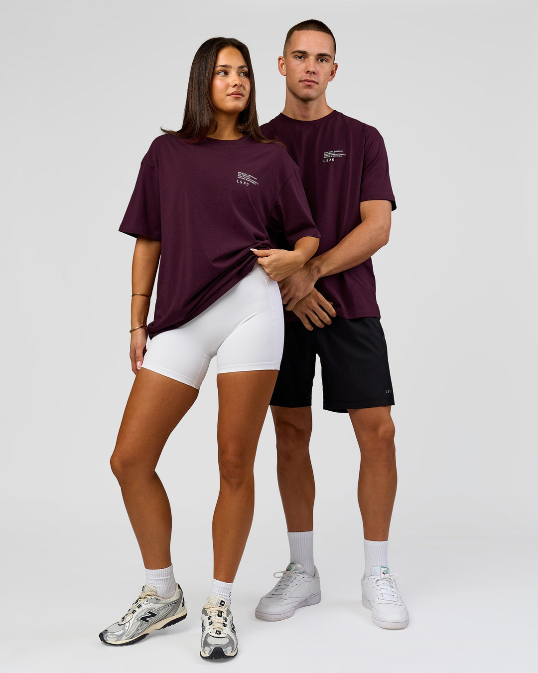 Duo wearing Coffee Run FLXCotton Oversized Tee - Cherry Lacquer-Black | Model:Albert | Size:M | Model:Bianca | Size:XS - view 4