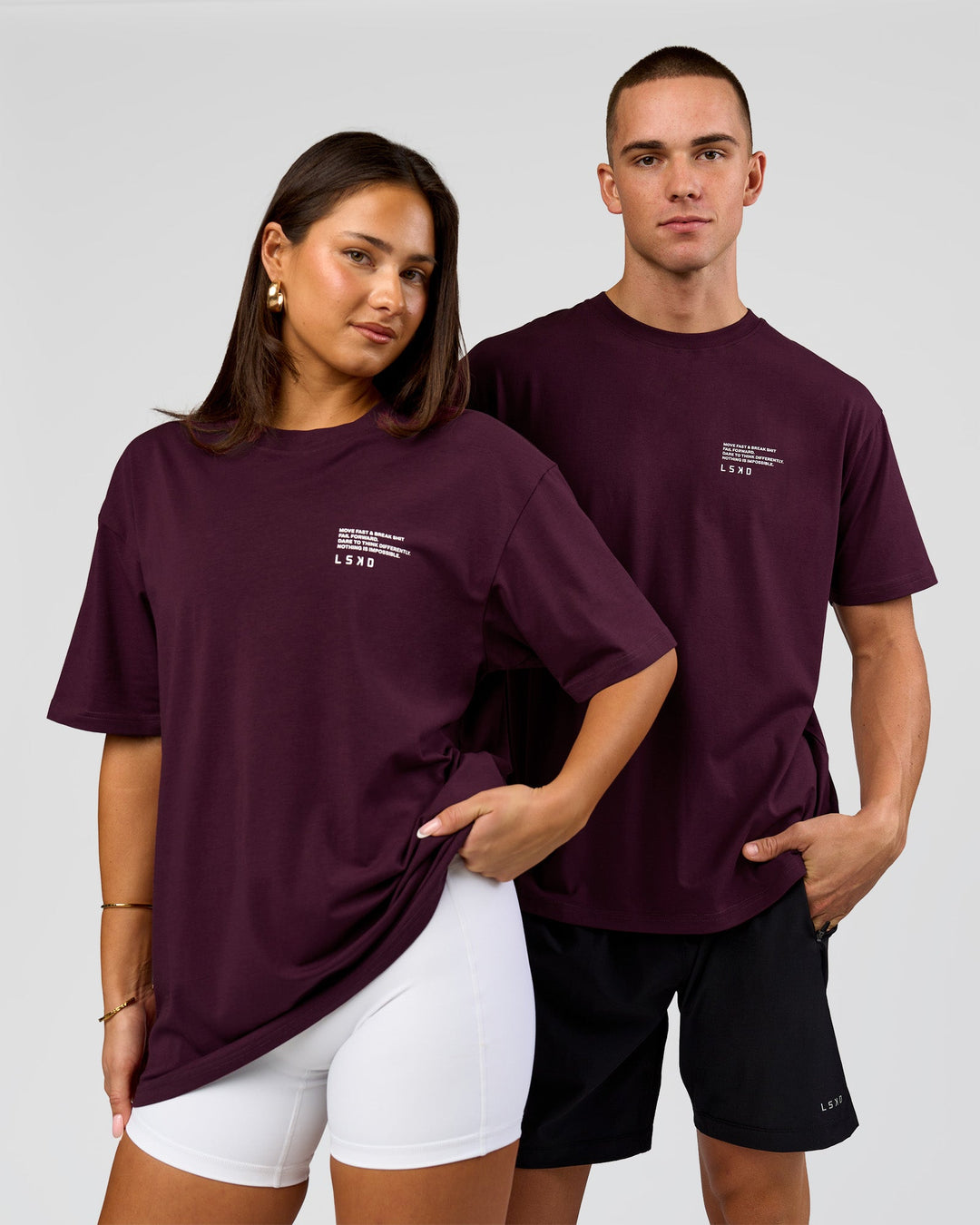 Duo wearing Coffee Run FLXCotton Oversized Tee - Cherry Lacquer-Black | Model:Albert | Size:M | Model:Bianca | Size:XS - view 10