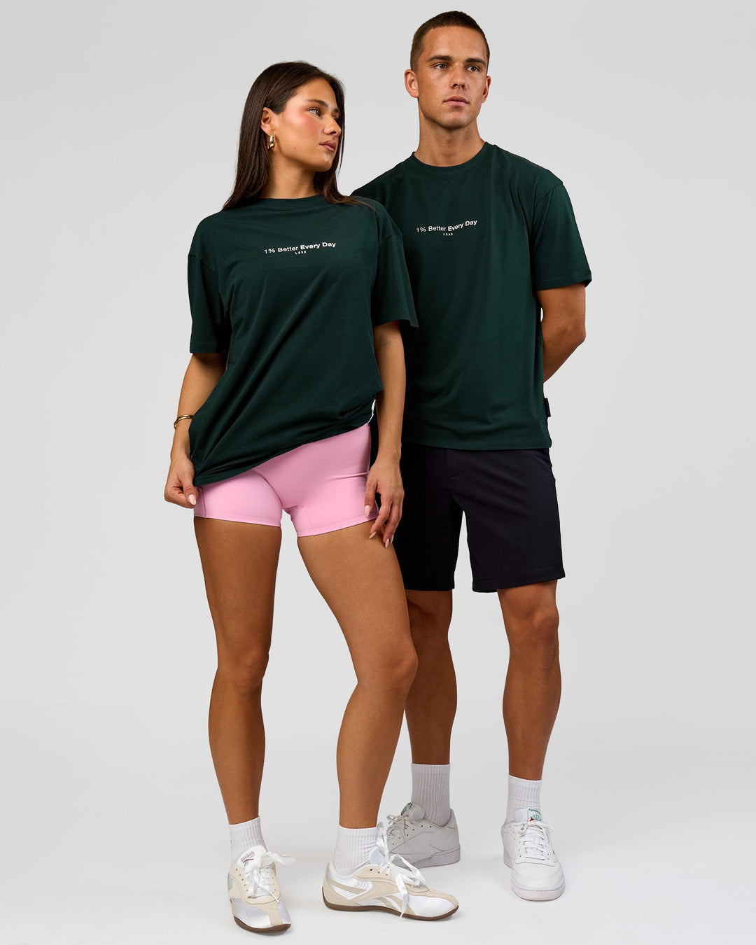 Duo wearing VS6 1% Better FLXCotton Oversize Tee - Midnight Green | Model:Albert | Size:M | Model:Bianca | Size:XS - view 7