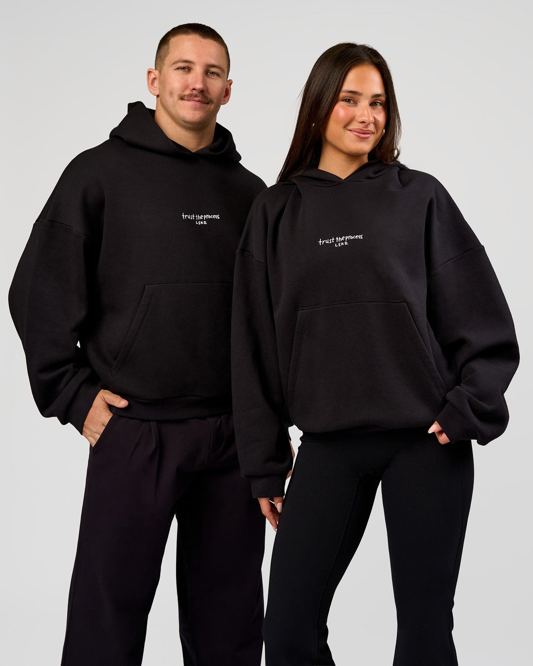 Duo wearing Andrew J. Steel x LSKD Boxy Hoodie - Black | Model:Bianca | Size:S | Model:Jaiden | Size:L - view 4
