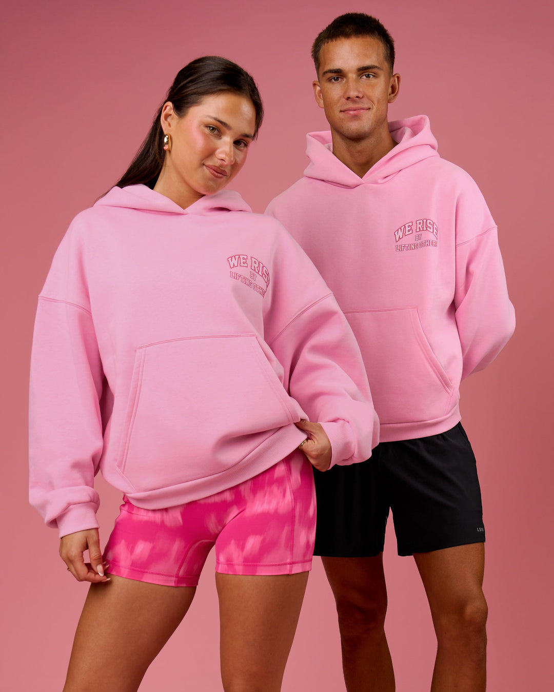 Duo wearing BCAM Heavyweight Boxy Hoodie - Pink Rose | Model:Bianca | Size:S | Model:Albert | Size:M - view 8