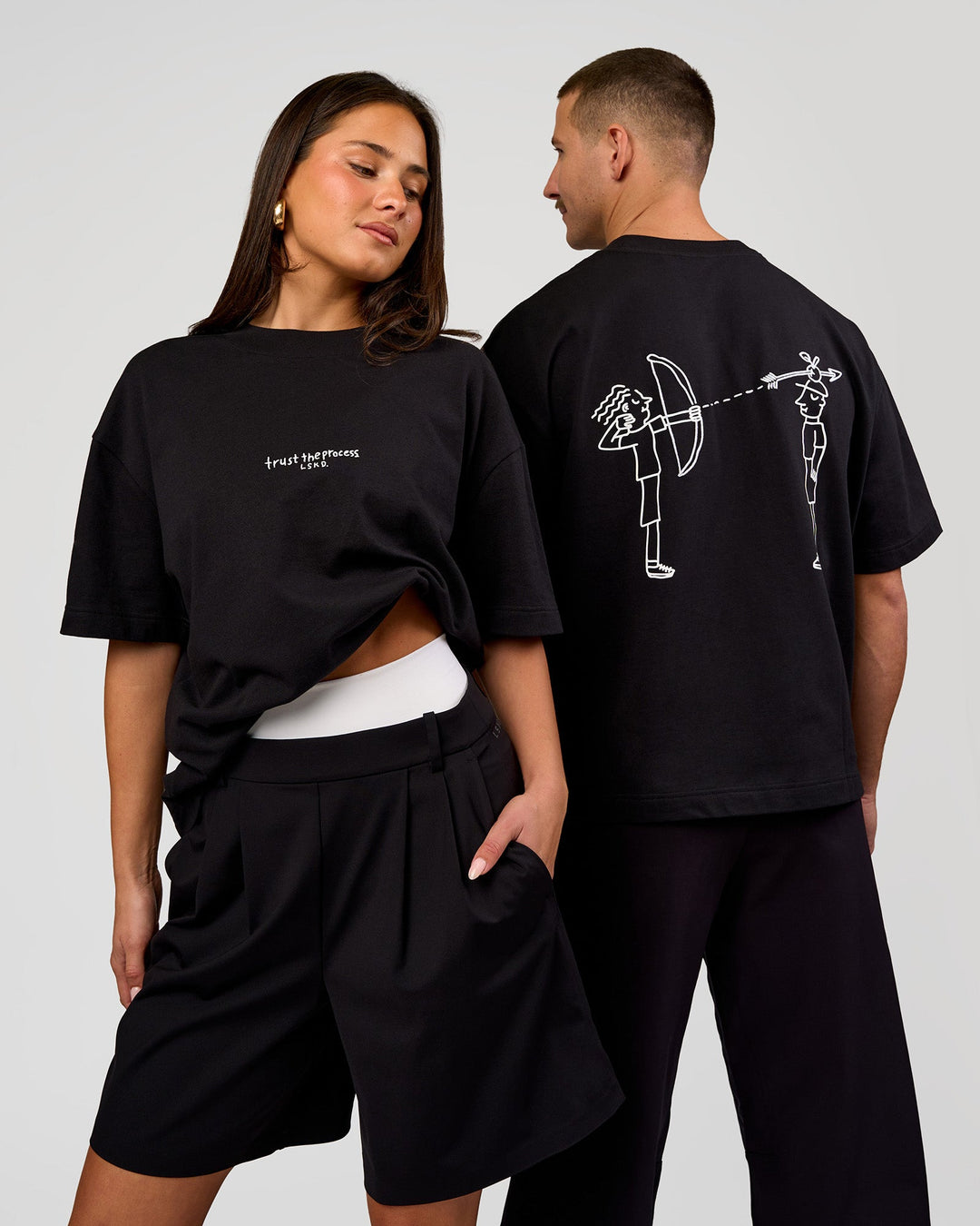 Duo wearing Andrew J. Steel x LSKD Heavyweight Boxed Tee - Black | Model:Bianca | Size:XS | Model:Jaiden | Size:L - view 1