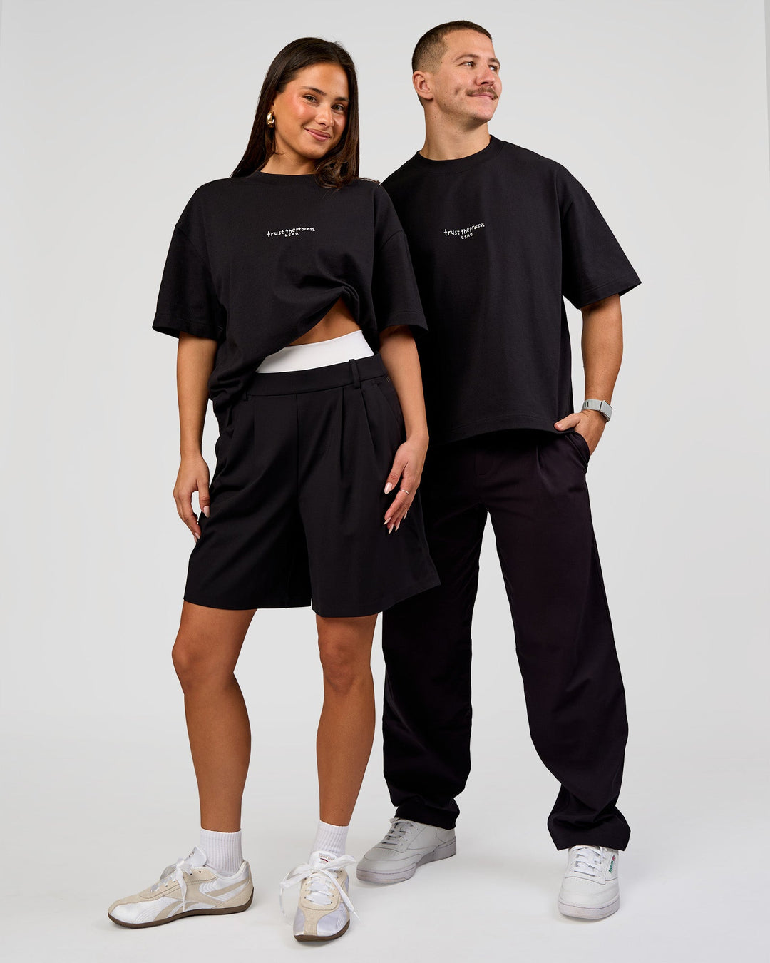Duo wearing Andrew J. Steel x LSKD Heavyweight Boxed Tee - Black | Model:Bianca | Size:XS | Model:Jaiden | Size:L - view 3