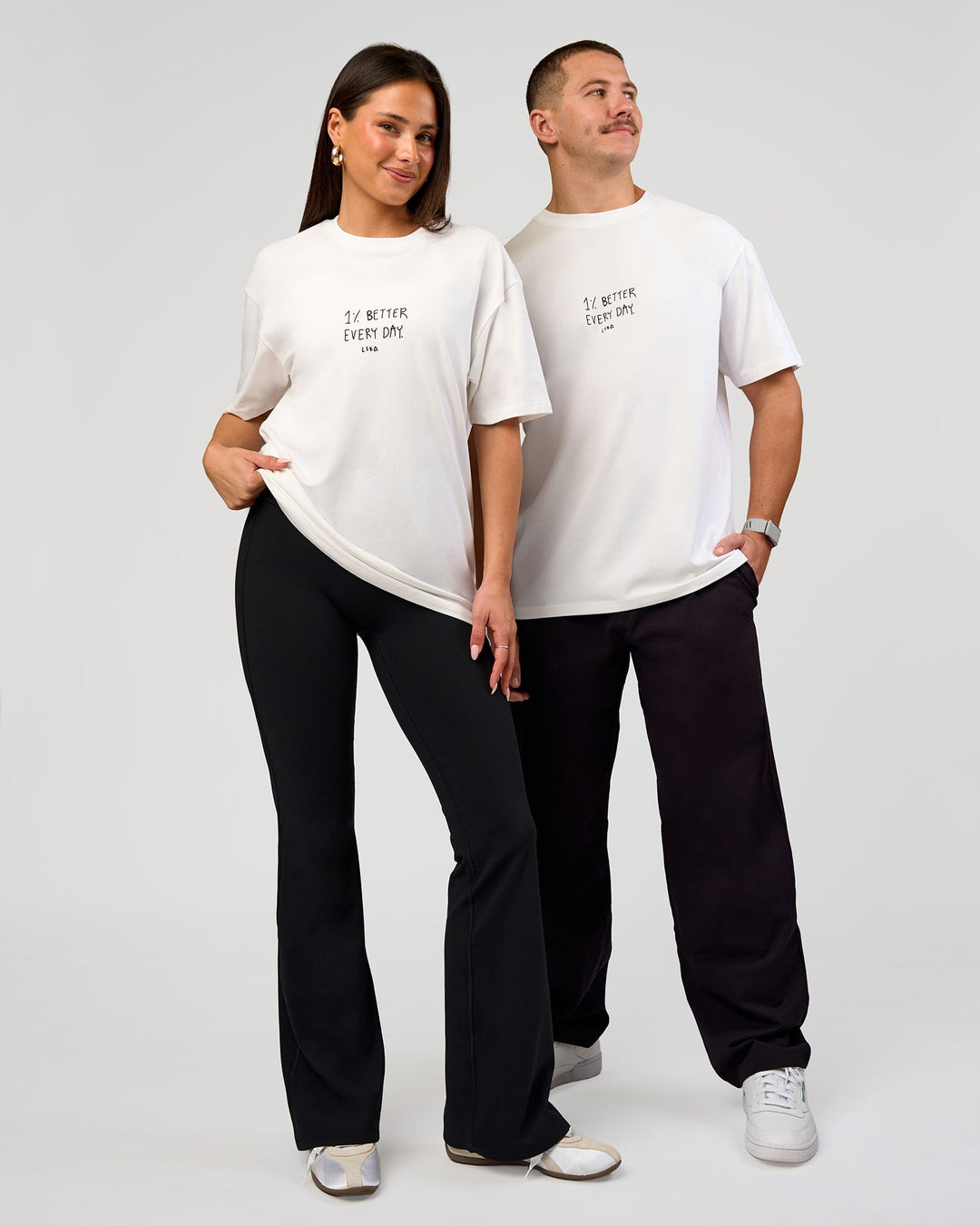 Duo wearing Andrew J. Steel x LSKD Heavyweight FLXCotton Oversized Tee - White | Model:Bianca | Size:XS | Model:Jaiden | Size:L - view 4