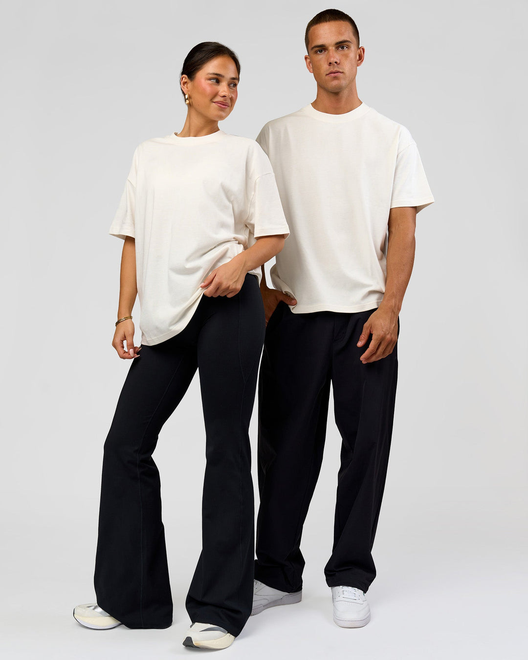 Duo wearing Tonal Legacy Heavyweight Oversized Tee - Off White-Off White | Model:Bianca | Size:XS | Model:Albert | Size:M - view 4