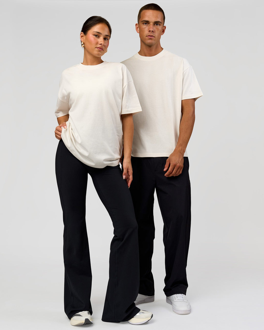 Duo wearing Tonal Legacy Heavyweight Oversized Tee - Off White-Off White | Model:Bianca | Size:XS | Model:Albert | Size:M - view 7