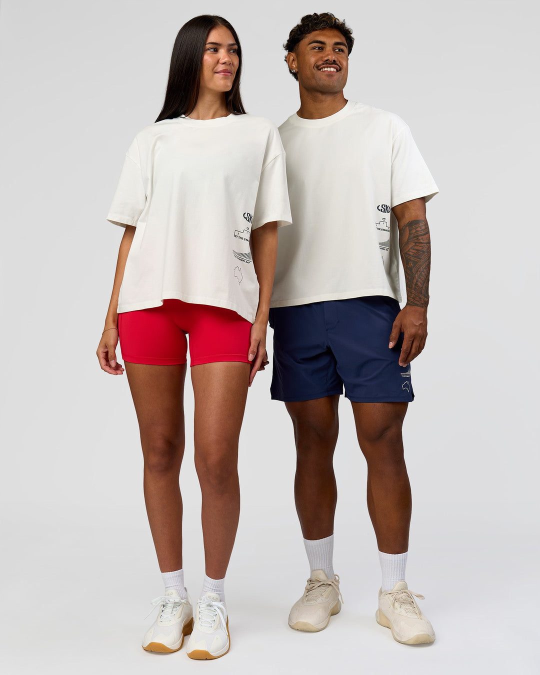 Duo wearing Greatest of All Time Heavyweight FLXCotton Boxed Tee - Off White Washed | Model:Rhiley| Size:XS | Model:Xav | Size:L - view 4