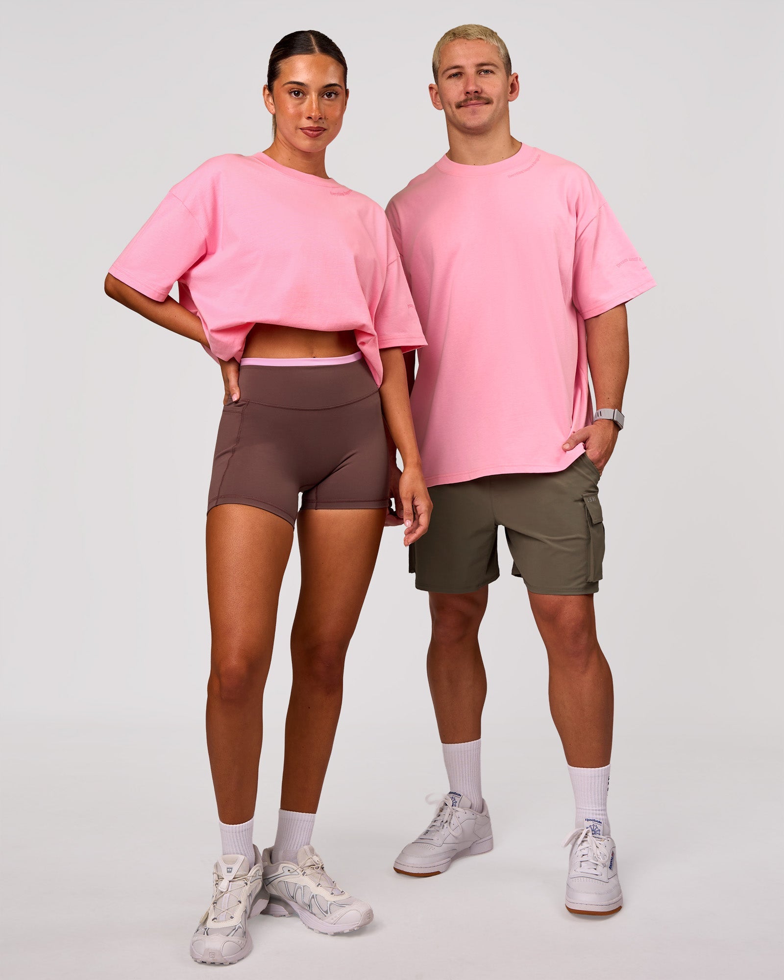 Duo wearing Bree Heavyweight Oversized Tee - Pink Rose | Model:Charli | Size:XS | Model:Jaiden | Size:L