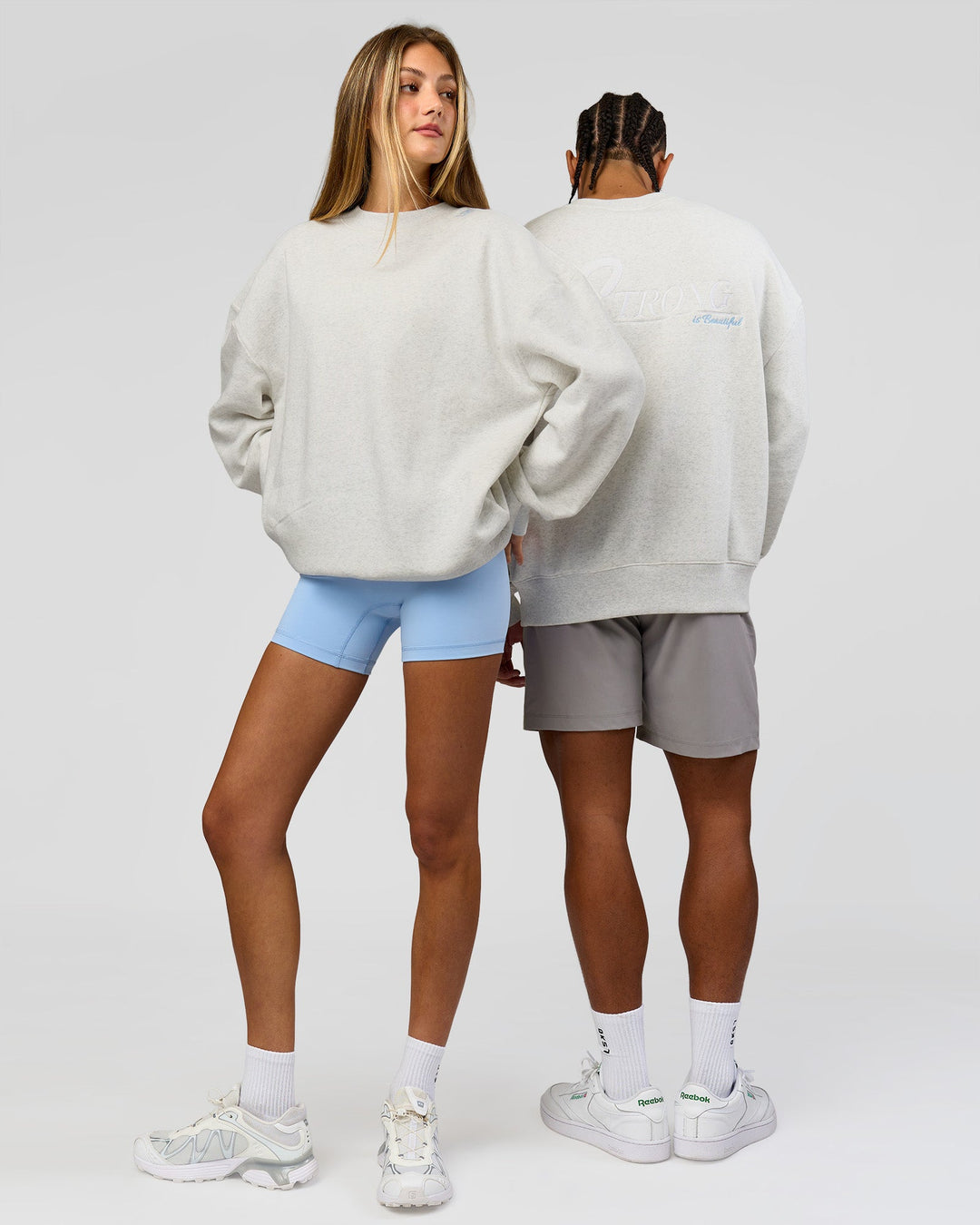 Duo wearing Strong is Beautiful Oversized Sweater - Silver Marl | Model:Georgia | Size:XS | Model:Malebo | Size:M - view 4