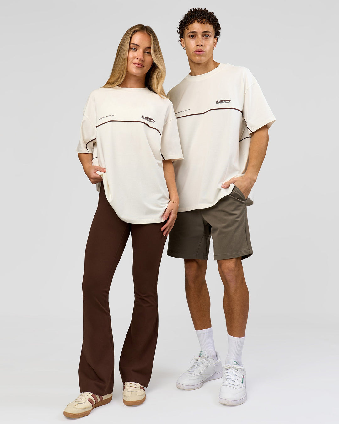 Duo wearing Inline Heavyweight FLXCotton Oversized Tee - Off White-Hot Chocolate | Model:Issy | Size:XS | Model:Leandro | Size:M - view 3