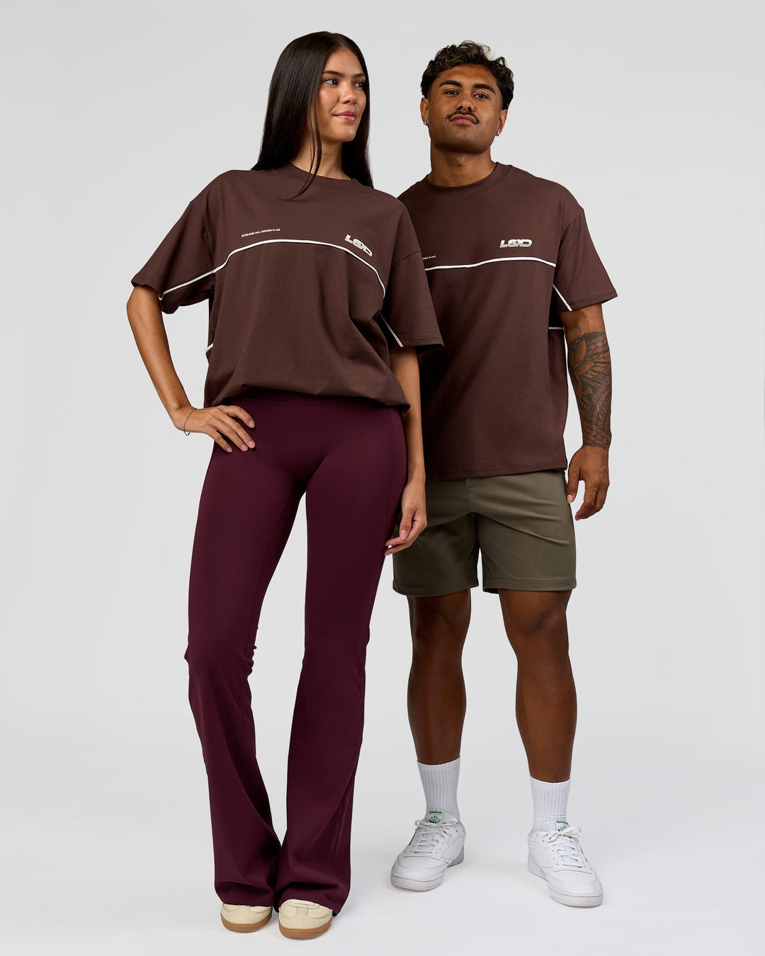 Duo wearing Inline Heavyweight FLXCotton Oversized Tee - Hot Chocolate-Off White | Model:Rhiley | Size:XS | Model:Xav | Size:L - view 8
