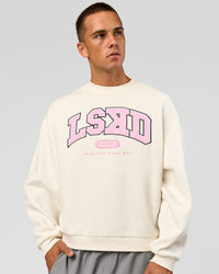 Man wearing Varsity Boxy Crew - Off White-Pink Rose | Model:Albert | Size:L | Thumbnail Index: 0