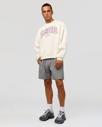 Man wearing Varsity Boxy Crew - Off White-Pink Rose | Model:Albert | Size:L | Thumbnail Index: 7