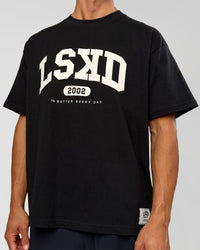 Man wearing Varsity EST Heavyweight Oversized Tee  - Black-Off White | Model:Albert | Size:L | Thumbnail Index: 8