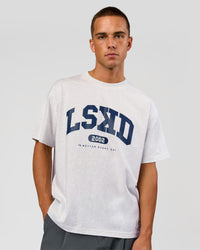 Man wearing Varsity EST Heavyweight Oversized Tee  - Silver Marl-Future Navy | Model:Albert | Size:L | Thumbnail Index: 1