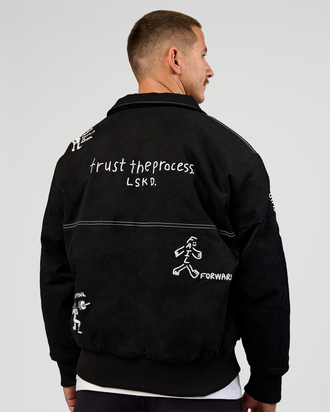 Man wearing Andrew J. Steel x LSKD Bomber Jacket - Black | Model:Jaiden | Size:L - view 5