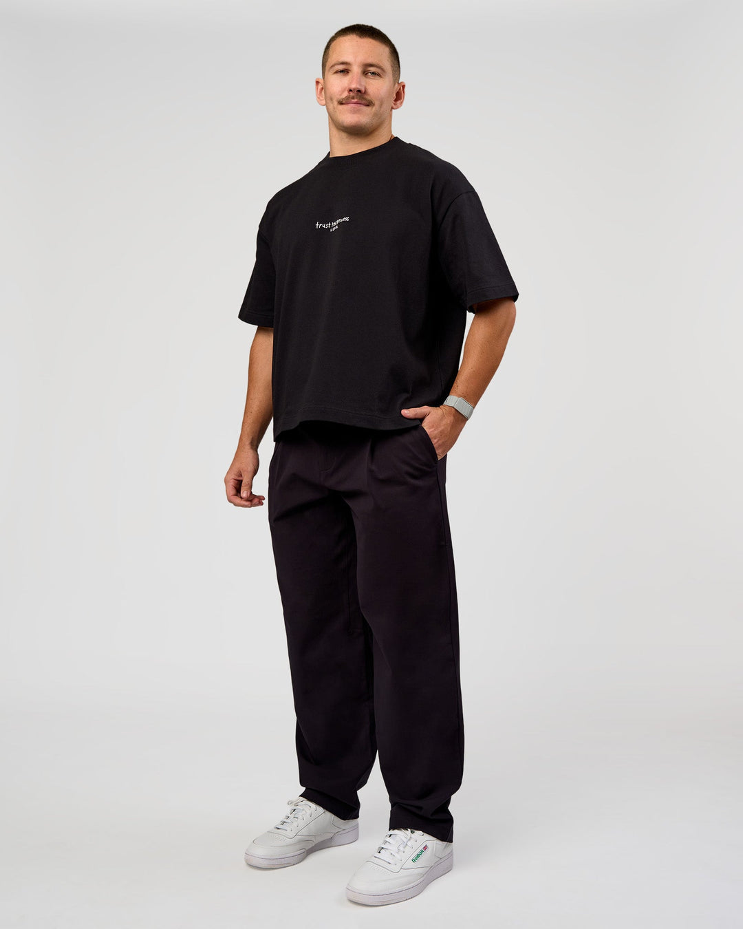 Man wearing Andrew J. Steel x LSKD Heavyweight Boxed Tee - Black | Model:Jaiden | Size:L - view 10