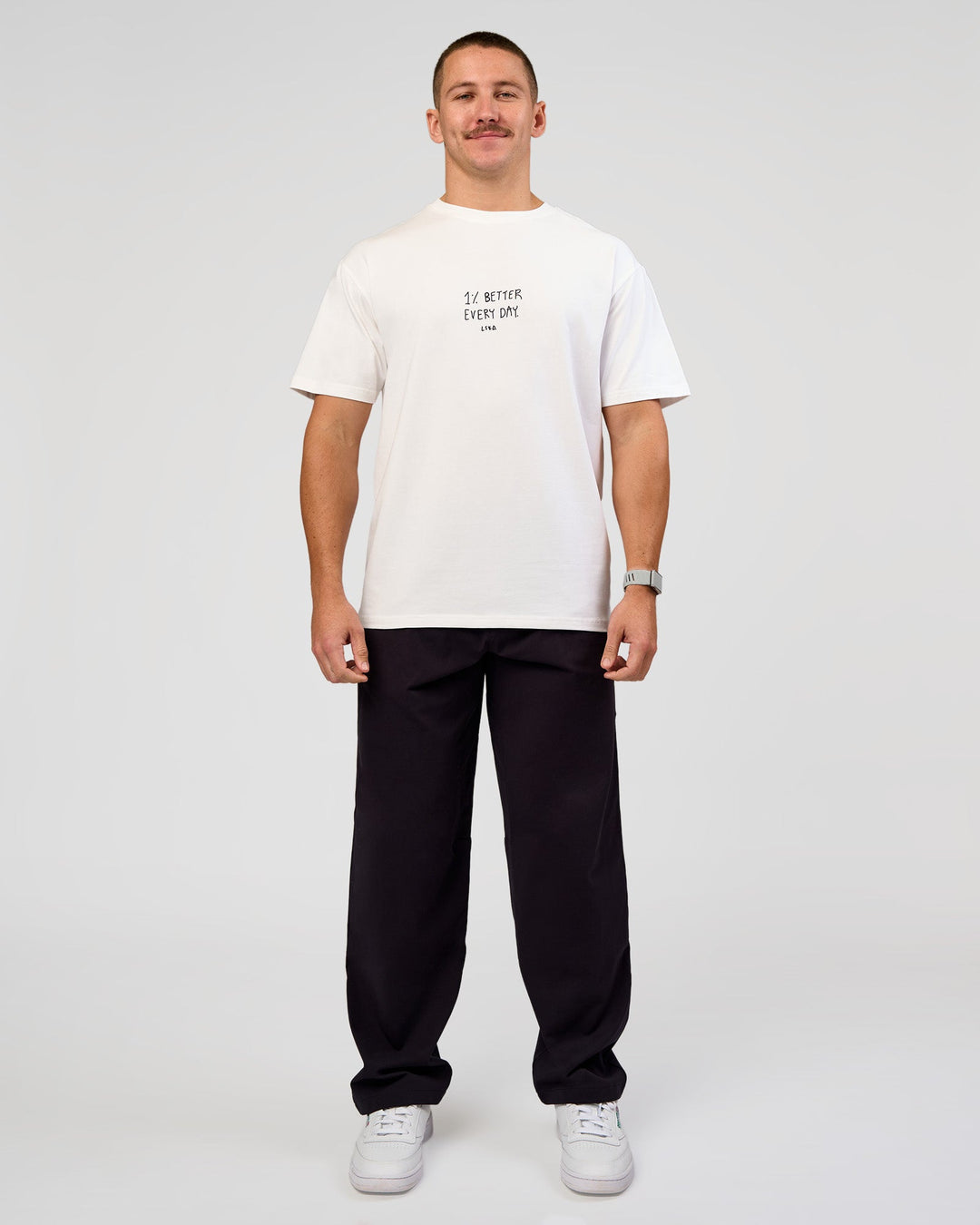 Man wearing Andrew J. Steel x LSKD Heavyweight FLXCotton Oversized Tee - White | Model:Jaiden | Size:L - view 7