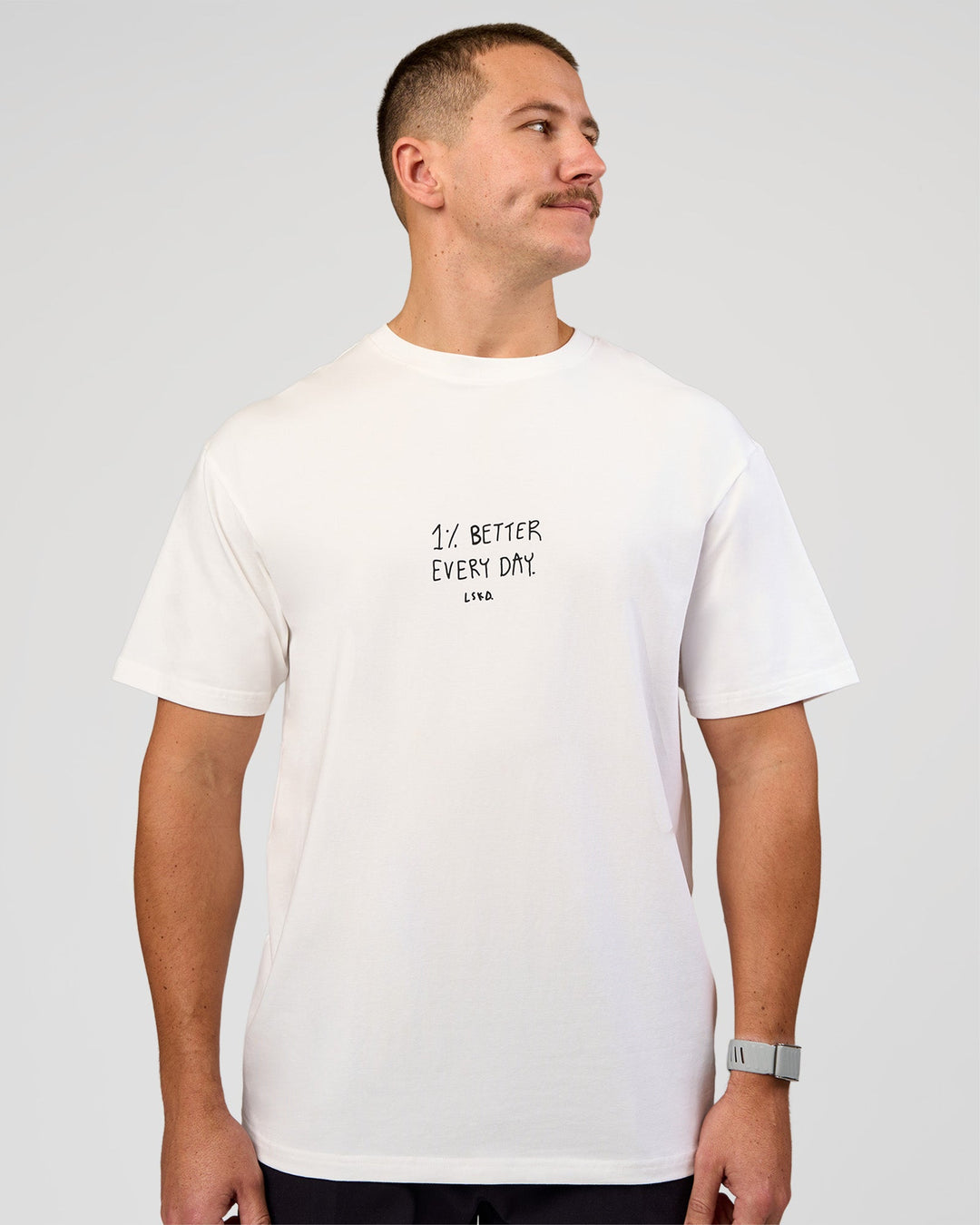 Man wearing Andrew J. Steel x LSKD Heavyweight FLXCotton Oversized Tee - White | Model:Jaiden | Size:L - view 11