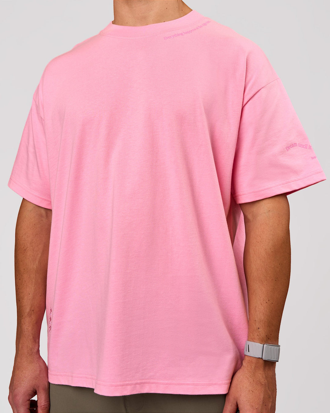 Man wearing Bree Heavyweight Oversized Tee - Pink Rose | Model:Jaiden | Size:L - view 6