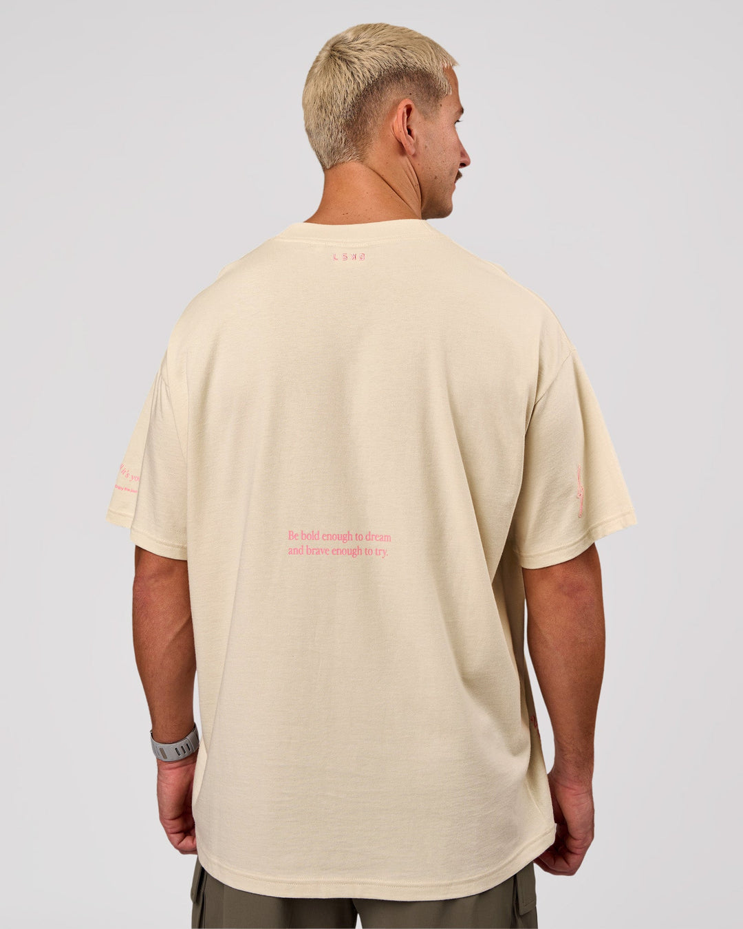 Man wearing Bree Heavyweight Oversized Tee - Vanilla Bean | Model:Jaiden | Size:L - view 3