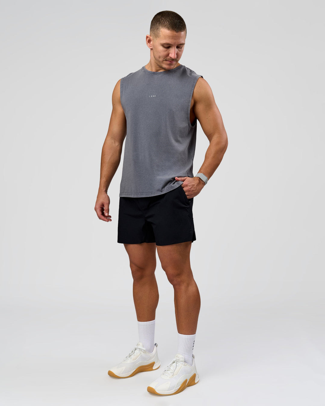 Man wearing Hybrid Lined 5" Short - Black-Reflective | Model:Jaiden | Size:L - view 7
