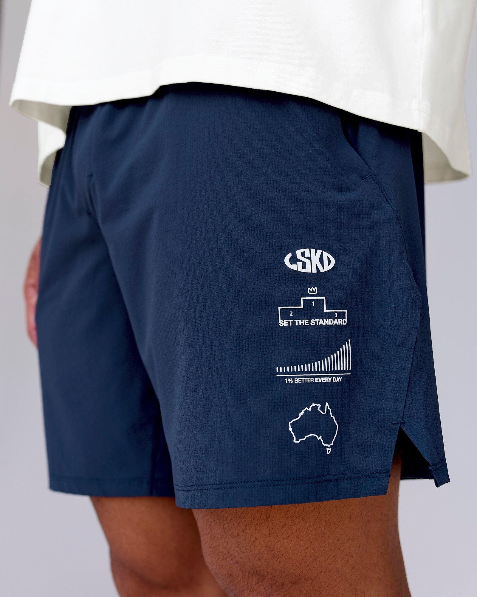 Man wearing Greatest of All Time Functional Training 7" Short - Future Navy-White | Model:Shane | Size:L