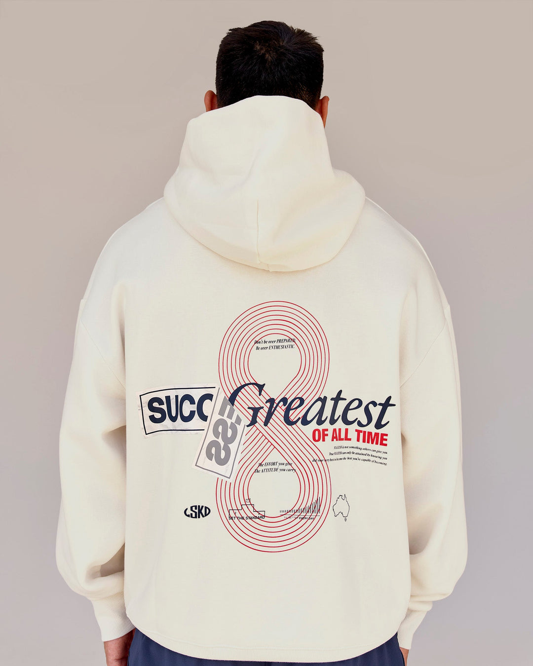 Man wearing Greatest of All Time Heavyweight Oversized Hoodie - Off White | Model:Shane | Size:L - view 12