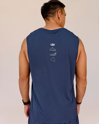 Man wearing Greatest of All Time Rep Muscle Training Tank - Future Navy-White | Model:Shane | Size:L | Thumbnail Index: 1