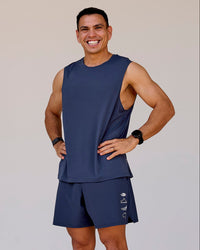 Man wearing Greatest of All Time Rep Muscle Training Tank - Future Navy-White | Model:Shane | Size:L | Thumbnail Index: 0