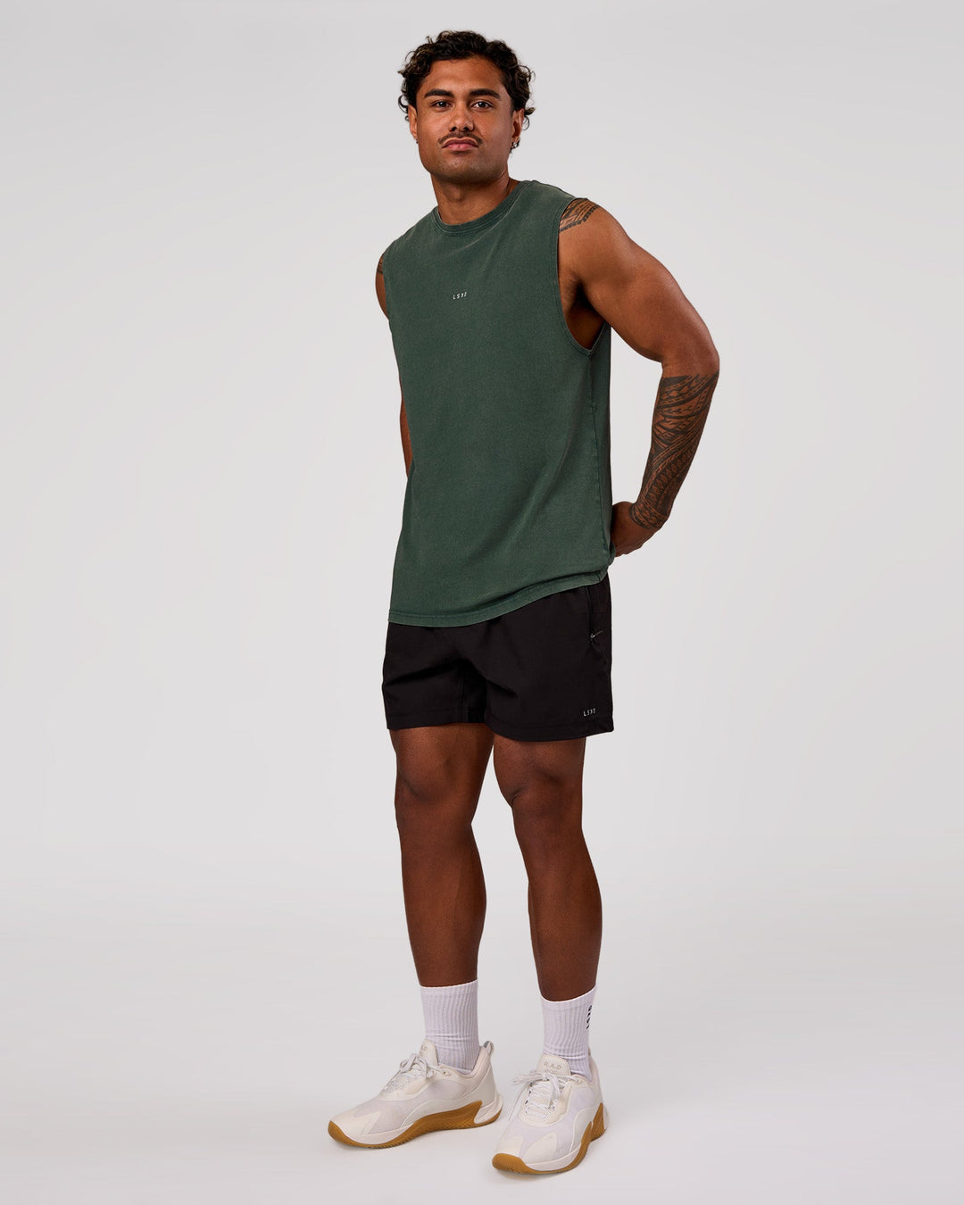 Man wearing Base FLXCotton Tank - Midnight Green Washed | Model:Xav | Size:L - view 5