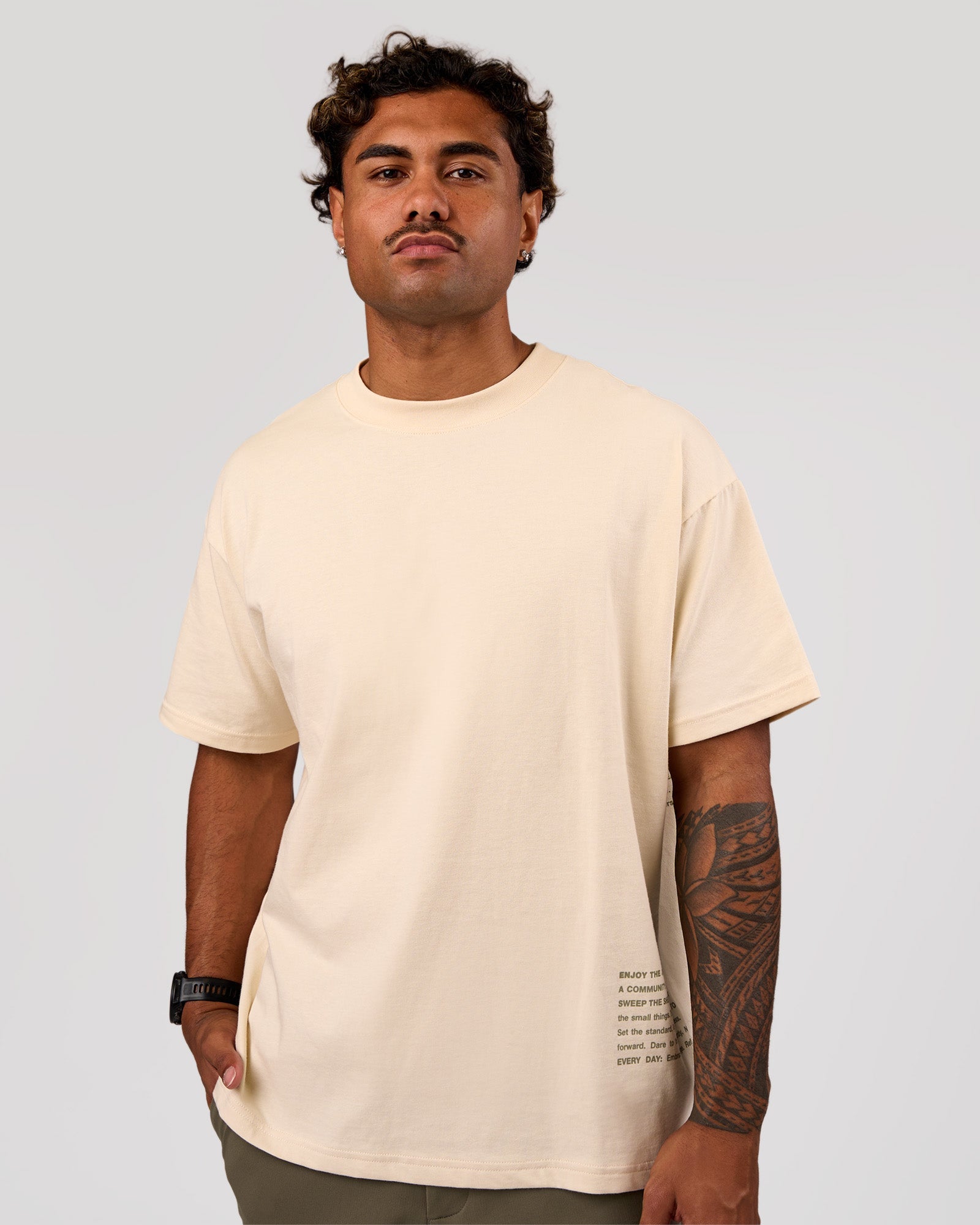 Man wearing Block Heavyweight Oversized Tee  - Vanilla Bean | Model:Xav | Size:L